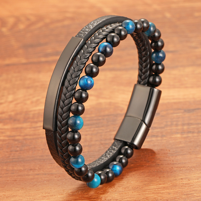Men's Woven Multi-Layer Black Genuine Leather Natural Tiger Eye Stone Bracelet with Magnetic Clasp Closed Loop Handmade Chain