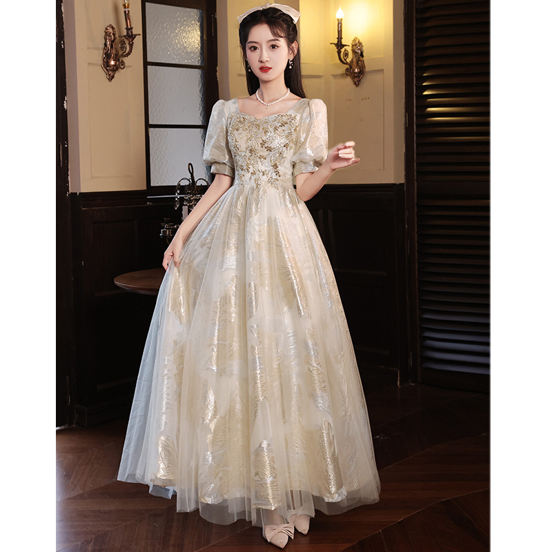 Evening Dress Women's High-end Feeling Banquet Elegant Light Luxury Niche High-end Vocal Art Test Host Dress Champagne Gold