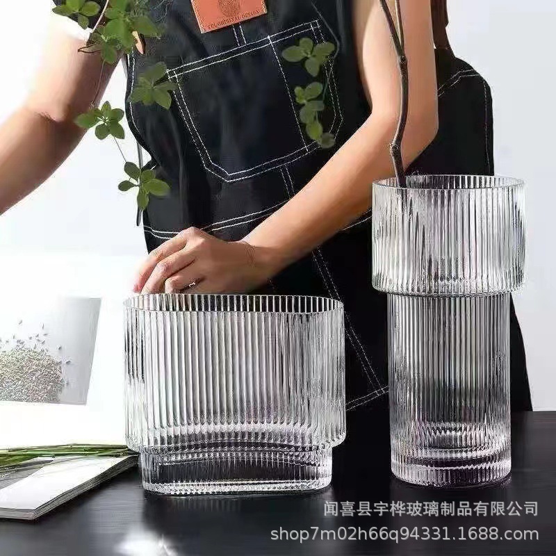 北歐輕奢豎紋玻璃花瓶創意現代臥室客廳插花花瓶擺件室內乾花裝飾