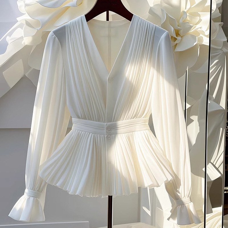 Women's Clothing autumn French temperament V neck long sleeved top light luxury high end white shirt female_voghion.com
