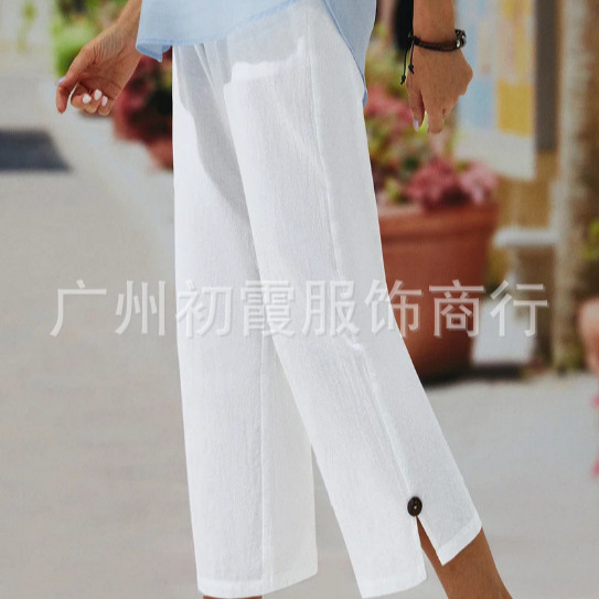 In Stock, 2022 Amazon Independent Platform Cross-Border Cotton and Linen Cropped Pants with Elastic Waist, Casual Women's Pants That Make Legs Look Longer