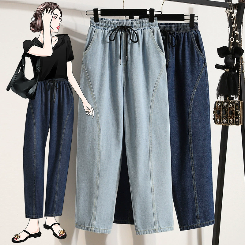 Фактический снимок длинных брюк больших размеров 2025, обычные шаровары с высокой талией, летние укороченные брюки, брюки с восемью точками, широкие брюки