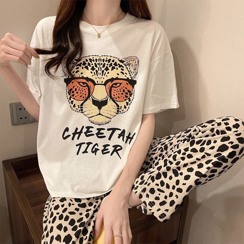 Pijamas de algodón de verano de las mujeres pantalones delgados de manga corta lindo de dibujos animados sueltos más tamaño traje de desgaste para el hogar se puede usar fuera