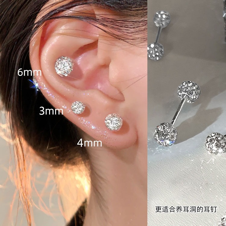 two-headed rhinestone ear studs women‘s ear-caring ear bone stud niche high sense zircon ear bone pin diamond earrings silver earrings