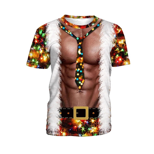 Fashionable 3D Merry Christmas printed T-shirt   False muscle series printed Christmas short-sleeved T-shirt