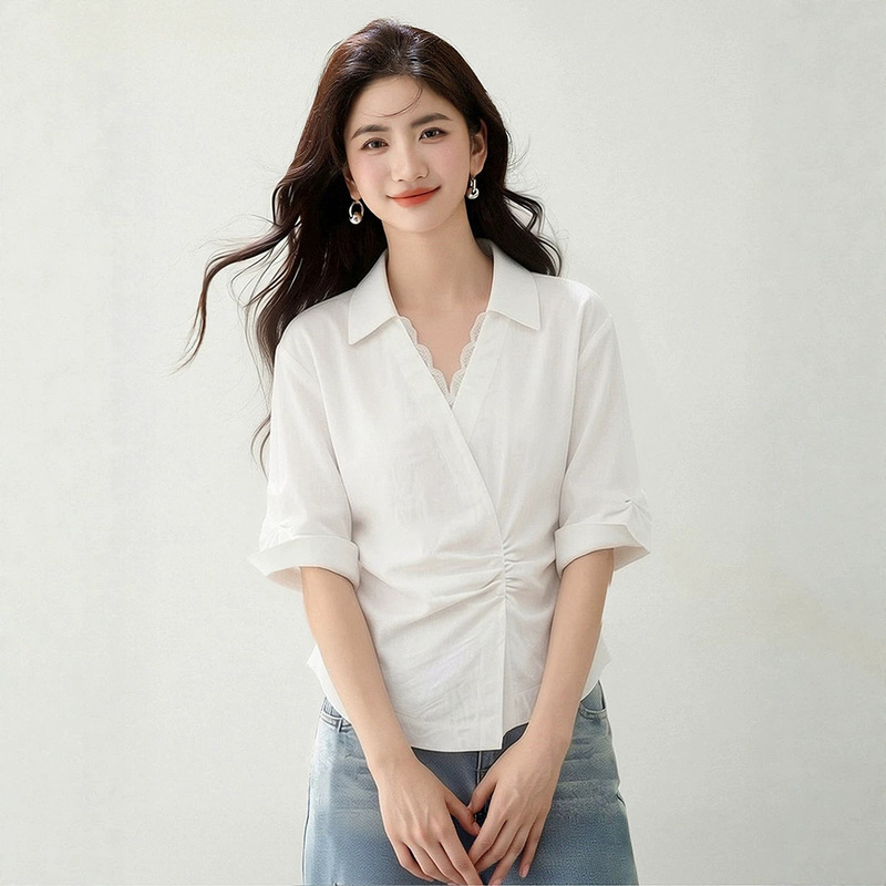 French Lace Splicing V-Neck Short-Sleeved Shirt for Women, Summer Korean Style Waist-Cinching Twist Design Top, Casual Shirt