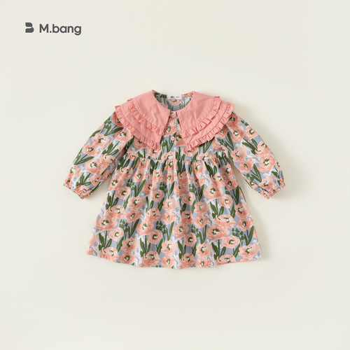 babycity girls spring petal collar floral skirt sweet long-sleeved dress pink girls skirt CY23054