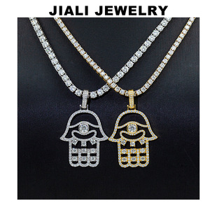 S925 Sterling Silver Inlaid with D Moissanite Diamond Palm Pendant European and American Retro Personalized Prayer Fatima Palm Necklace