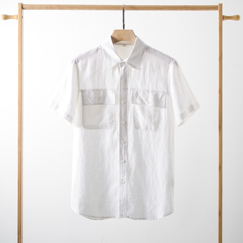 2024 verano Lino hombres parche bolsa solapa manga corta Camisa de lino simple cómodo fresco camisa de lino F012