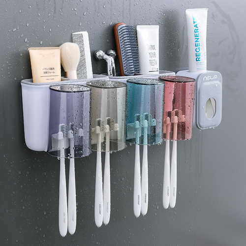 Toilet hole-free toothbrush holder family set with mouthwash cup, toothpaste squeezer, home bathroom sink organizer shelf