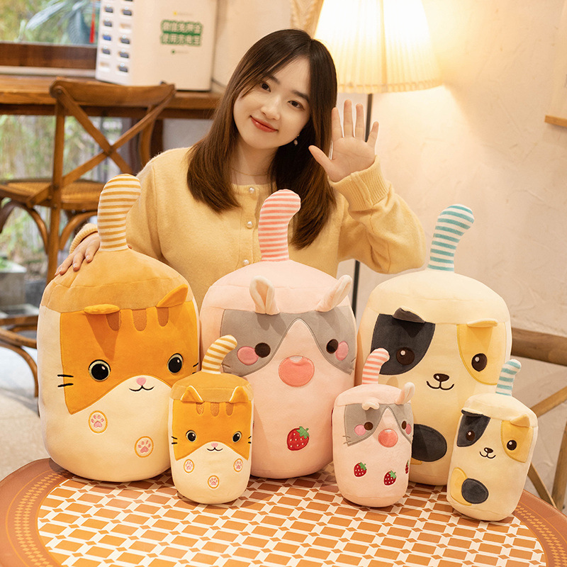 Cartoon Creative Straw Milk Tea Cup Cat and Dog Cute Dog Ragdoll Pillow Doll Foreign Trade Claw Machine Plush Toy