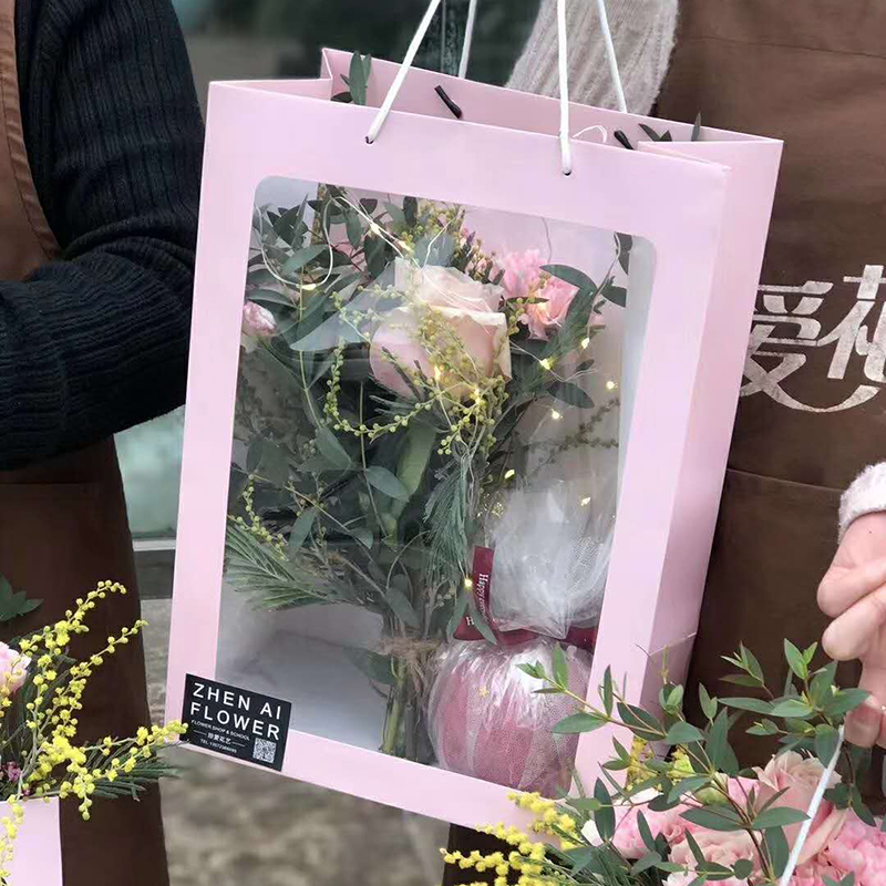 橱窗手提袋礼盒空盒花束开窗透明鲜花包装花盒窗盒diy材料