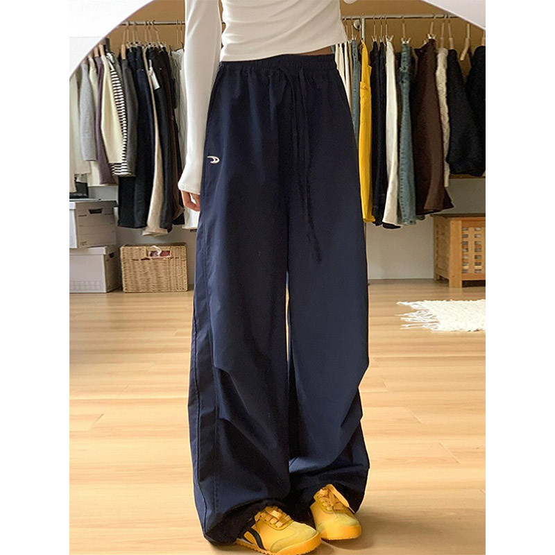 Navy Blue Work Pants for Women, 2026 Spring Style, Loose Straight-Leg, Height-Enhancing, Slimming, Casual, Quick-Dry, Embroidered Wide-Leg Pants