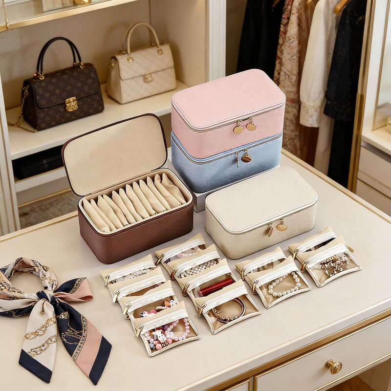 Large-Capacity Rectangular Jewelry Storage Box, Waterproof Leather, with Portable Jewelry Bag, Necklace and Earring Compartment Storage Box