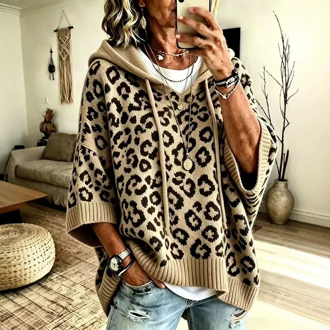 European and American cross-border leopard print hooded drawstring knitted pullover hoodie, loose-fitting knitted outerwear