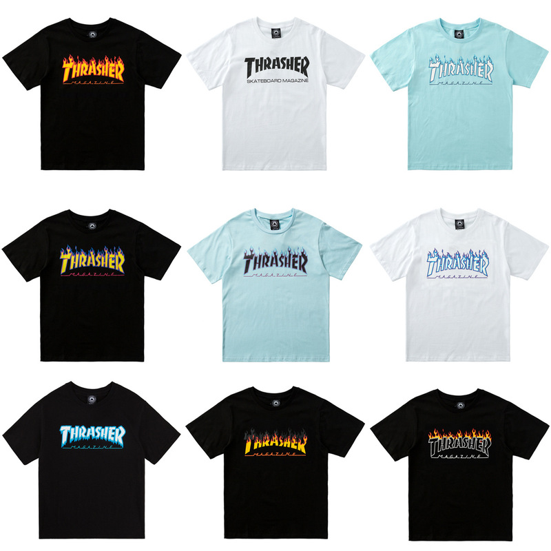 Cross-Border Supply of European and American Trendy Brand Thrasher Short-Sleeved Flame Letter Tops Export Wholesale One-Piece Drop-Shipping T-Shirts Cross-Border Supply of European and American Trendy Brand Thrasher Short-Sleeved Flame Letter Tops Export Wholesale One-Piece Drop-Shipping T-Shirts
