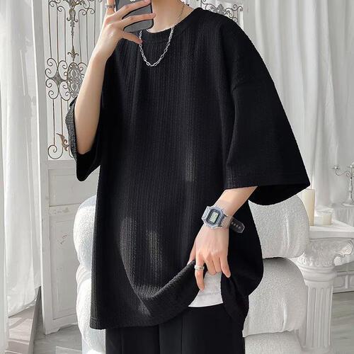 American-style striped t-shirt plain color short-sleeve T-shirt men's summer thin fashion five-sleeve t-shirt loose large size menswear