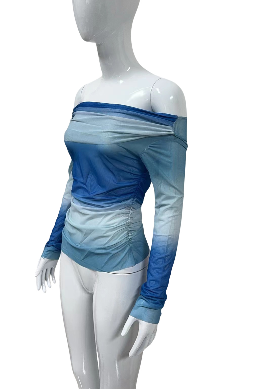 Women's Ombre Gradient Mesh Off Shoulder Top, Long Sleeve Ruched Sheer Blouse_ecoleips.com
