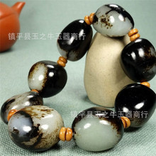 新疆和田玉黑皮籽料青花手链原石原皮男女款黑羊脂皮籽料玉石手串