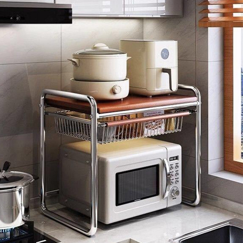中世スタイルの電子レンジ収納ラックキッチン引き出し式カウンタートップ炊飯器オーブンラック多機能収納ラック|undefined