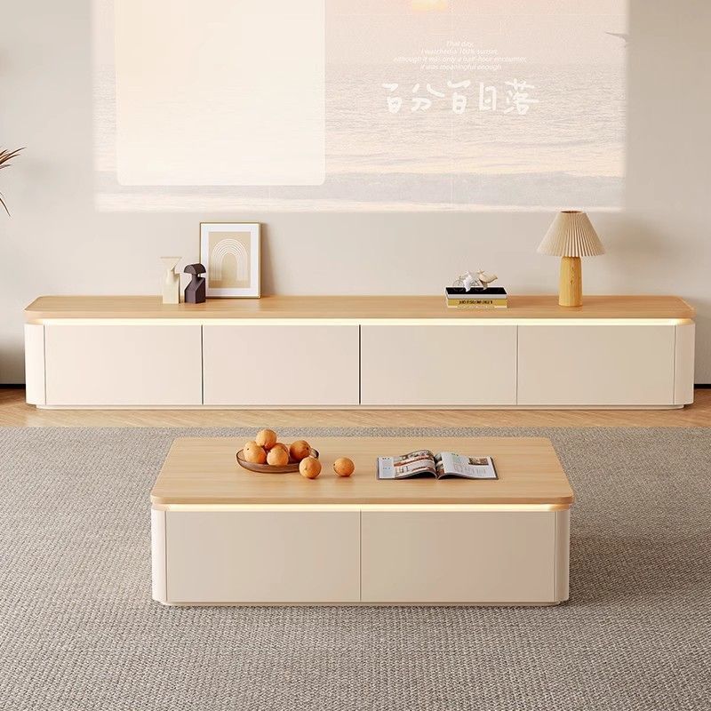 Cream Style Living Room Home Floor-Standing Tv Cabinet Coffee Table Combination Solid Wood Coffee Table Table Small Apartment Log Style