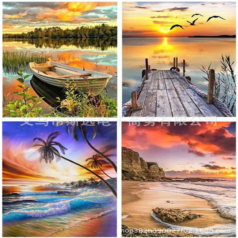 Cross -border 5D diamond painting full of diamonds, sunset Scenery beach living room living room living room decoration painting cross -stitch hanging painting manufacturers