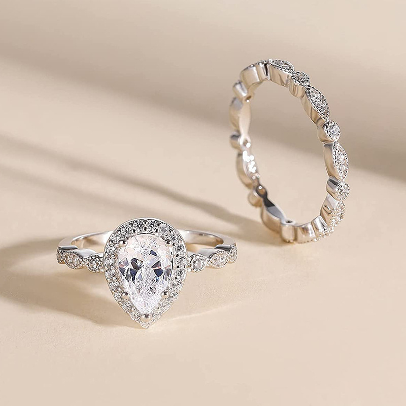 2025 New European and American Retro Marquise Pair of Rings Water Drop Pear-Shaped Wedding Ring Women's Simple Design Two-Piece Set