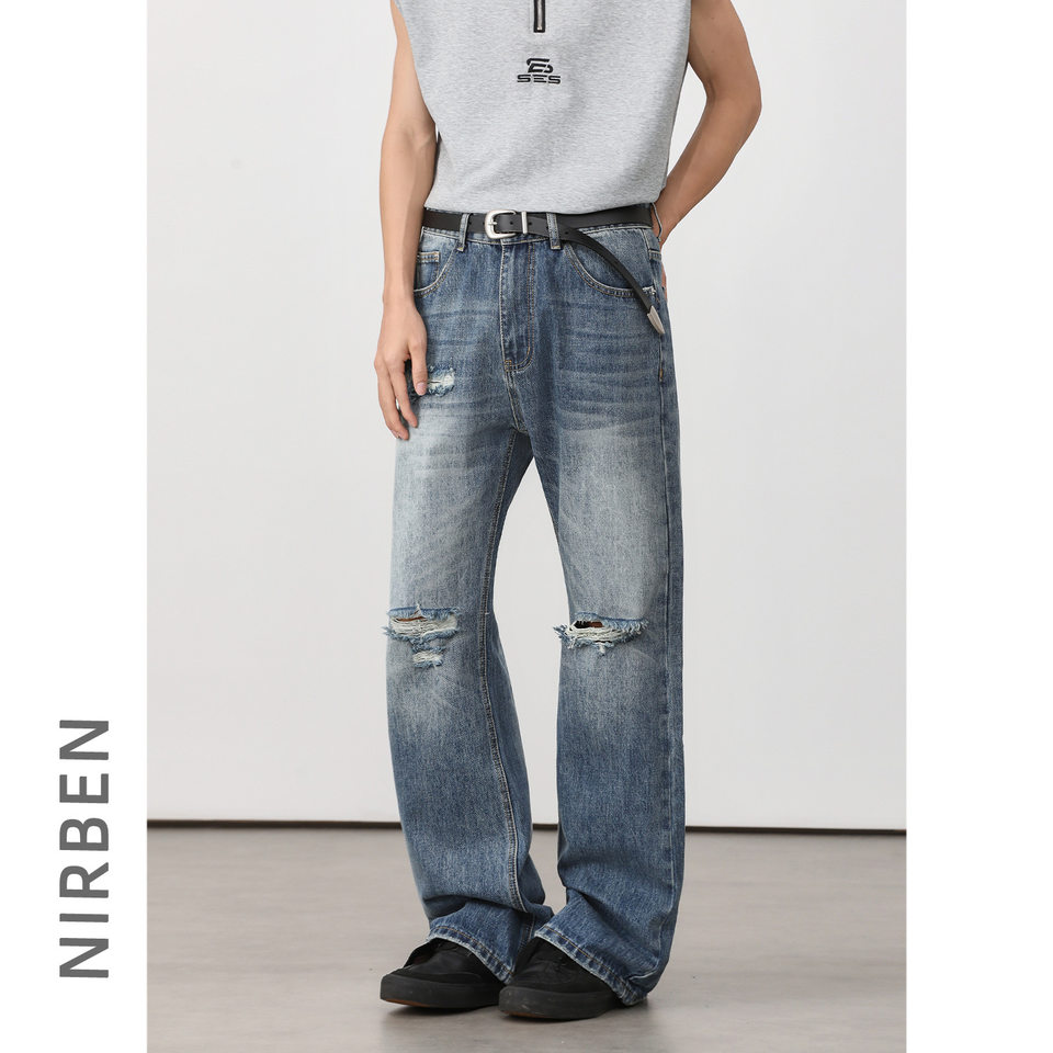 Quần jean nam ống loe nhẹ rách gối phong cách retro, dáng rộng ống suông tôn dáng, quần dài casual — Xanh nhạt, Xanh đậm chi tiết 15