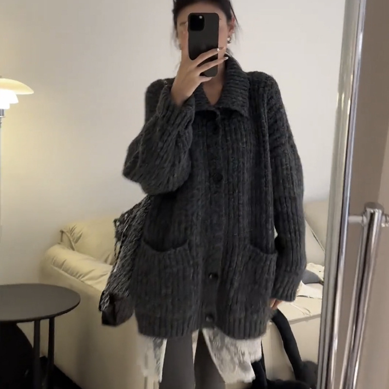 欧美大码胖MM软糯宽松慵懒女士毛衣外套秋冬跨境翻领纯色针织开衫|undefined