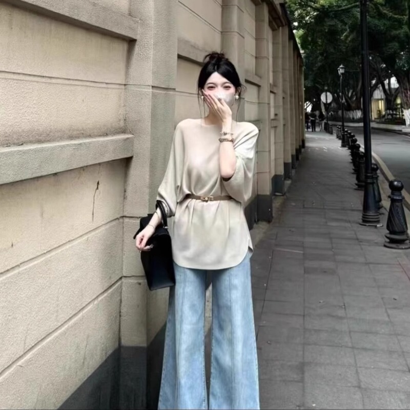 大码胖妹妹感法式气质圆领冰丝针织衫女气质宽松慵懒腰带上衣|undefined