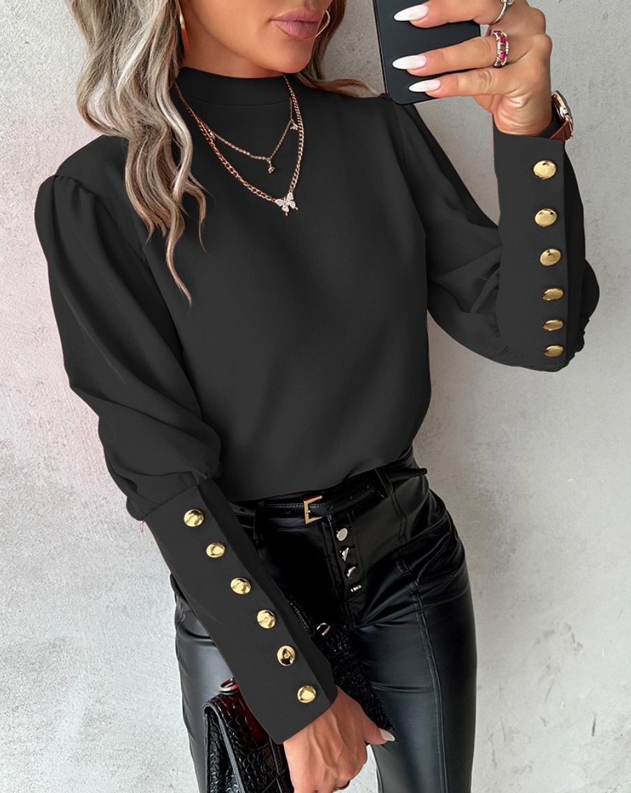 2024 estación independiente deseo Amazon popular primavera y otoño de manga larga color sólido encaje cuello redondo botón camisa para las mujeres