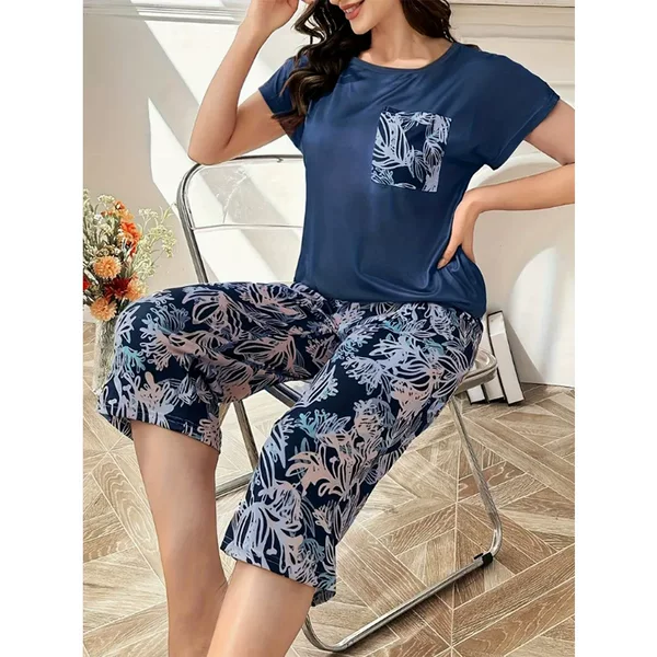Cross-Border European and American Summer Women's Pajamas Printed Casual Round Neck Short-Sleeved Three-Quarter Pants Set Thin Home Wear Wholesale