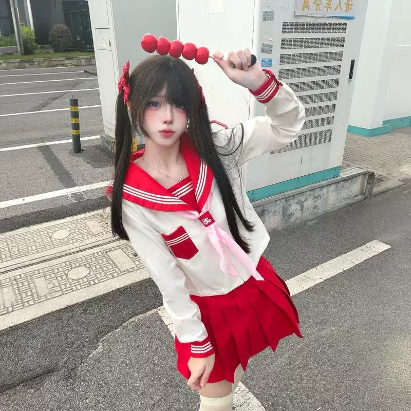 Authentic Red Three-Piece Jk Uniform Original Basic Sailor Suit Japanese Cute Long-Sleeve Academy Set School-Supplied Short-Sleeve