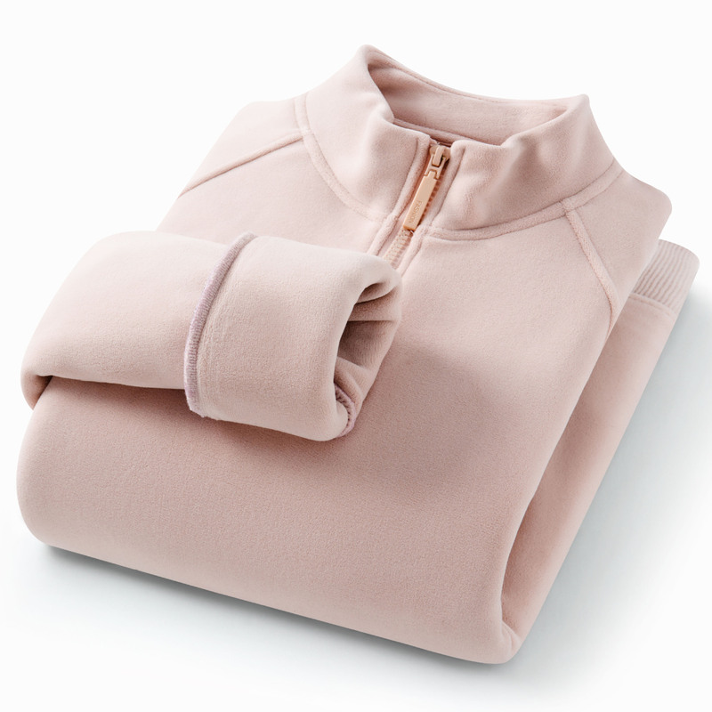 [Sheep Wool] Autumn and Winter Women's Half-Zip Stand Collar Sweater Plus Velvet Thickened Warm Fleece Top Bottoming Shirt