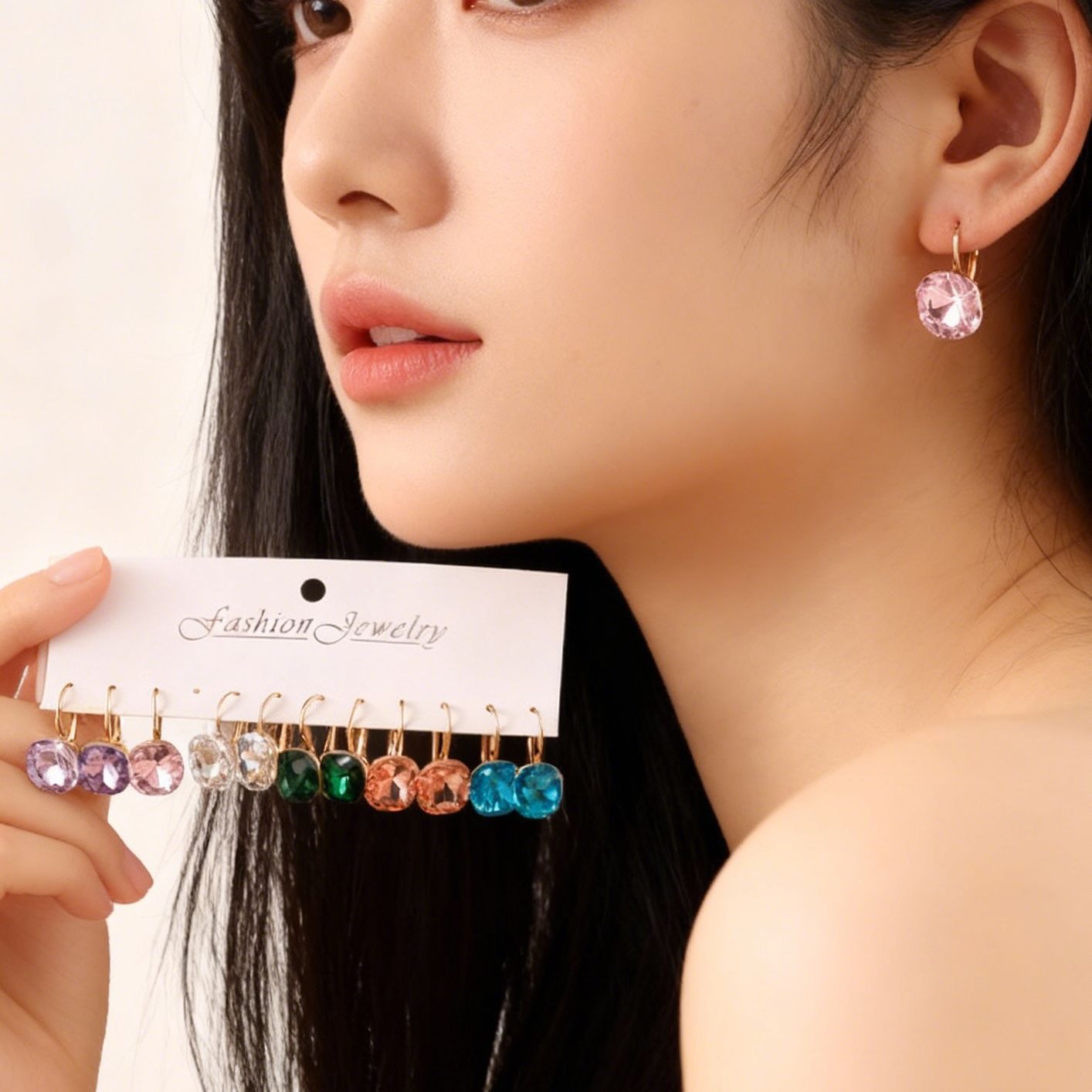 Cross-Border Colorful Crystal Earrings with a High-End and Luxurious Feel, Dopamine Square Pendant Earrings for Women