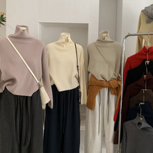 欧玛莱 韩版简约高领毛衣女冬季百搭宽松加厚坑条长袖针织衫 5518