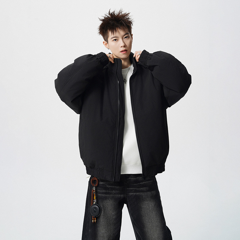 Double Zipper Triple Protection Jacket Men's American-Style Flight Jacket down Cotton Coat Winter Thickened Stand Collar Cotton Coat Trendy