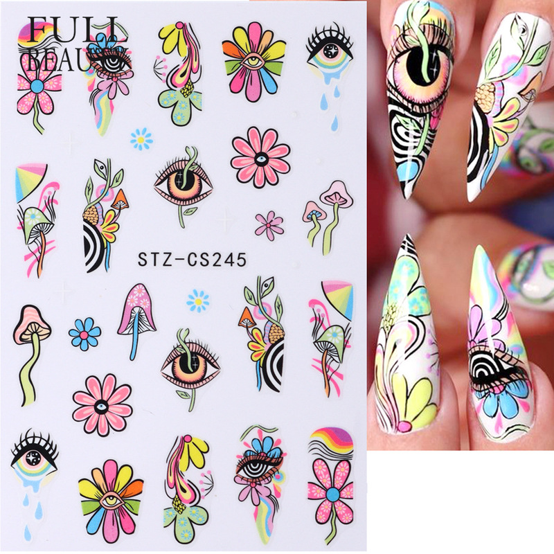 Cross-border new nail art stickers ins mushroom color eyes art geometric adhesive nail stickers wholesale nail