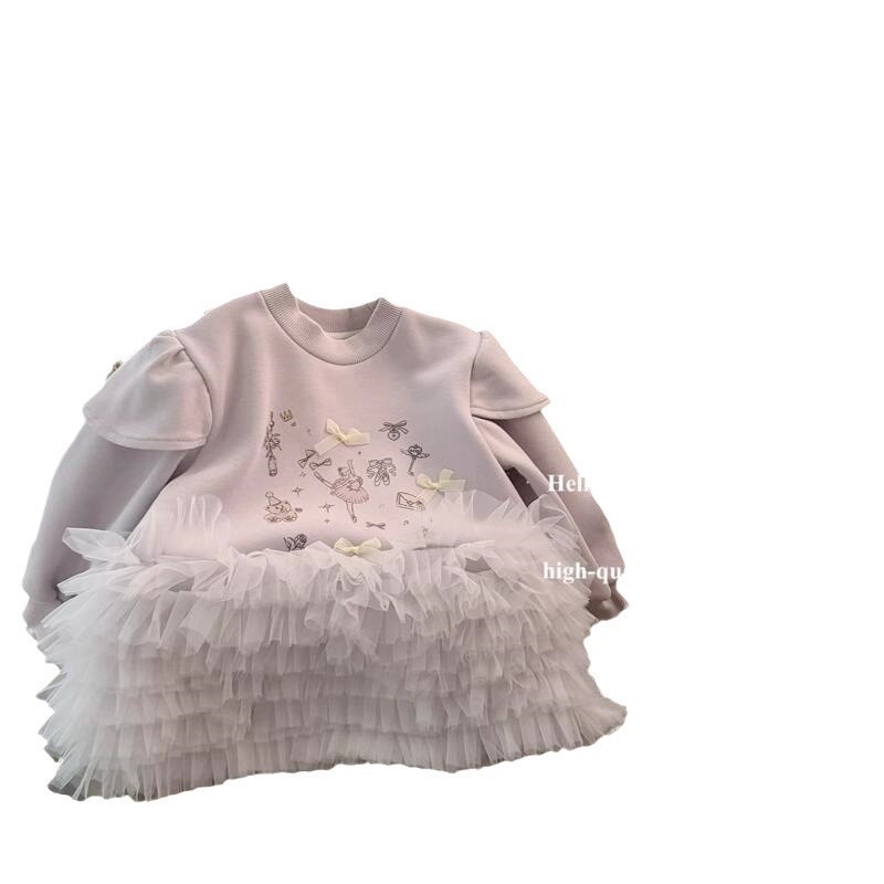 ¡El ballet morado! Niñas coreanas de dibujos animados de encaje de malla camiseta de lana