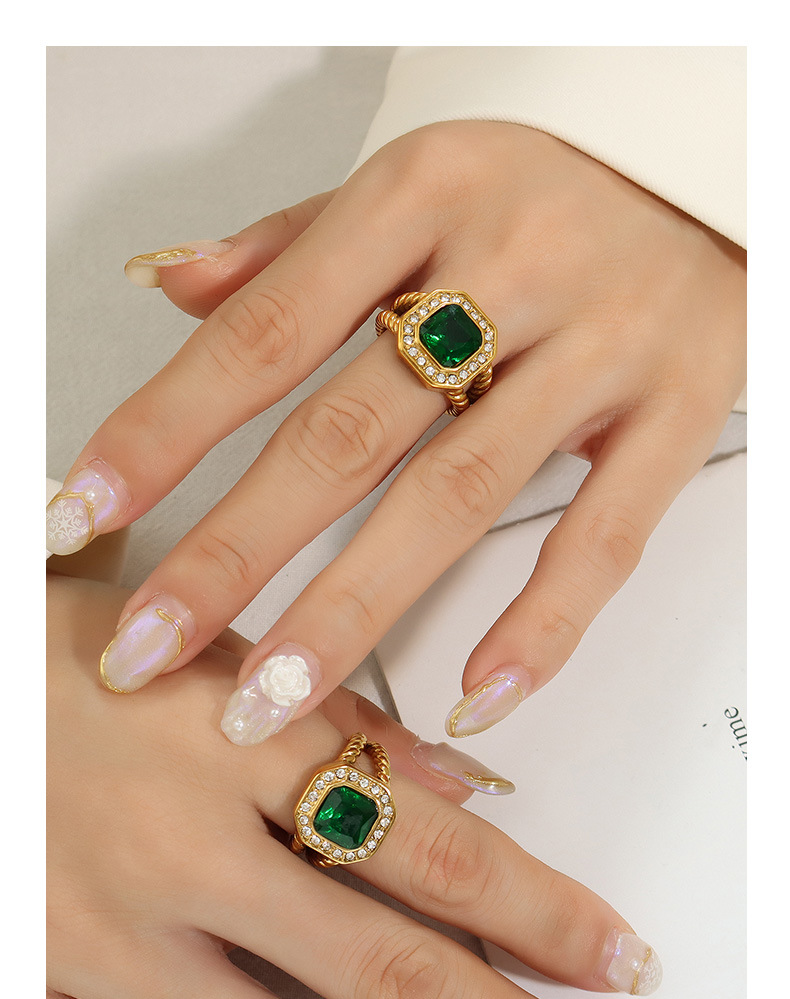 Zircon Inlay Material Rings Classification 18K Gold Plating Color PVD Coated Real Gold Plated 18K Gold Square 304 Stainless Steel Glam Waterproof Non Tarnish Rings
