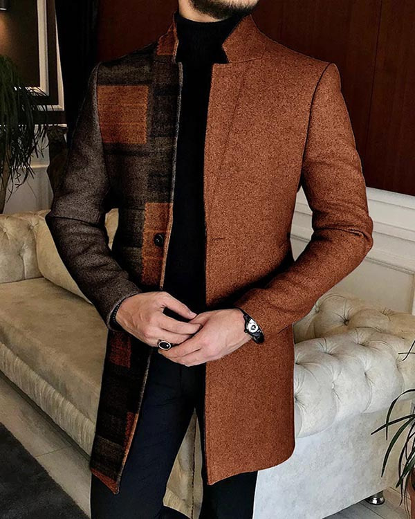 Comercio exterior transfronterizo 2023 Otoño e Invierno nuevos hombres digital impreso a cuadros soporte collar medio de longitud capa casual al por mayor