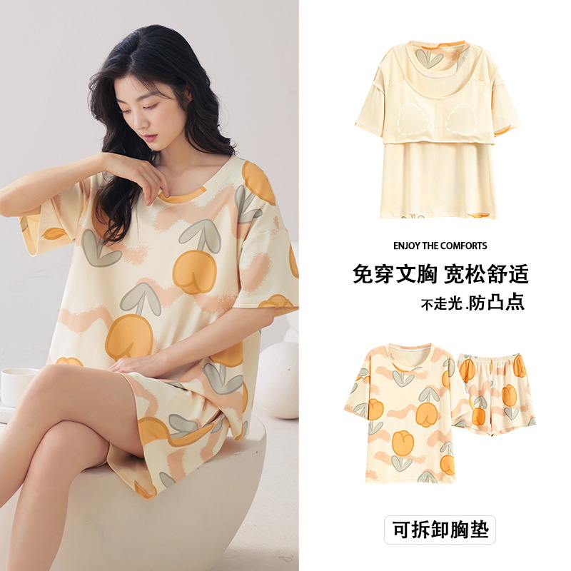 Pijamas de verano para mujer con almohadillas para el pecho, pantalones cortos dulces y bonitos que se pueden usar en el exterior, conjunto de algodón puro de manga corta, novedad 2026, ropa para el hogar