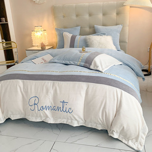 Light Luxury Style Thickeneded Milk Velvet Four-Piece Set Double-Sided French Velvet Embroidered Quilt Cover Winter Fitted Sheet Coral Velvet Bedding