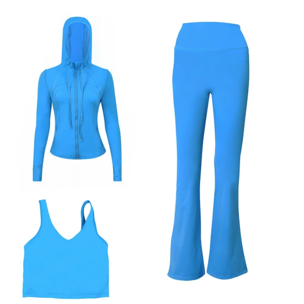 Jacket with hood, vest, flared trousers