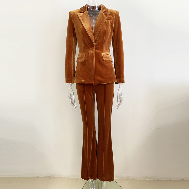 Women's Clothing Autumn And Winter Professional Fashion One Button Gold Velvet Suit Jacket Flared Pants Suit Two Piece Set_voghion.com