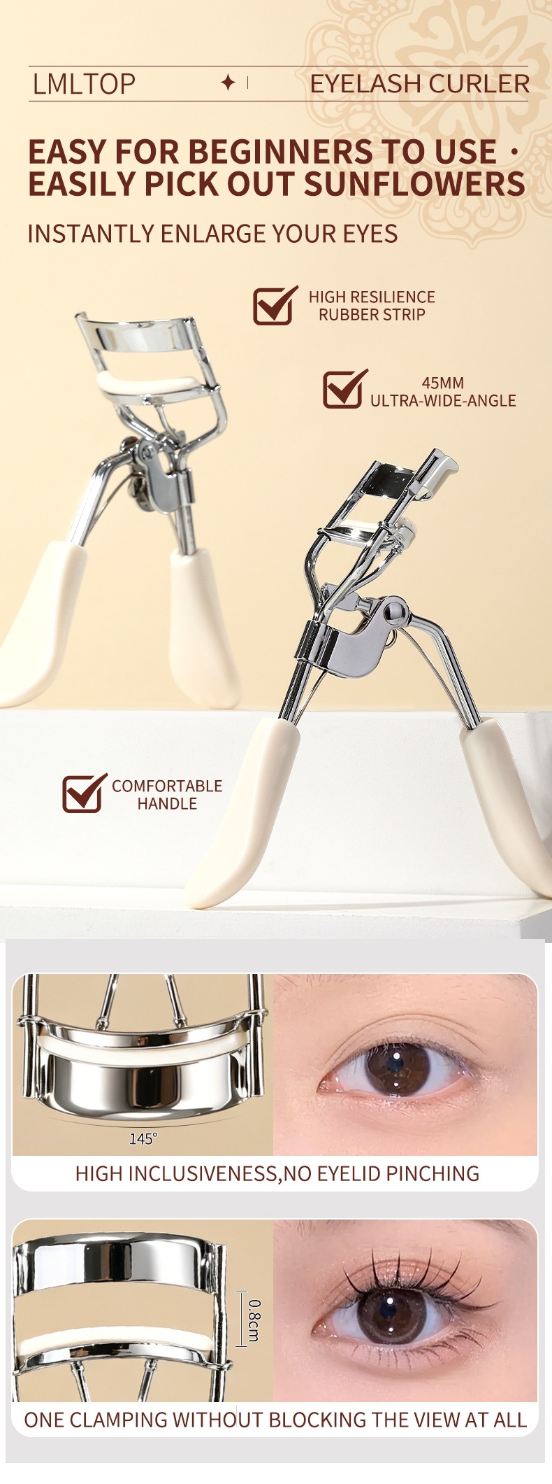 LMLTOP Wide Angle Eyelash Curler Stainless Steel Professional Makeup Eyelash Curler Lasting Curl US30 Cross-Border Exclusive Supply