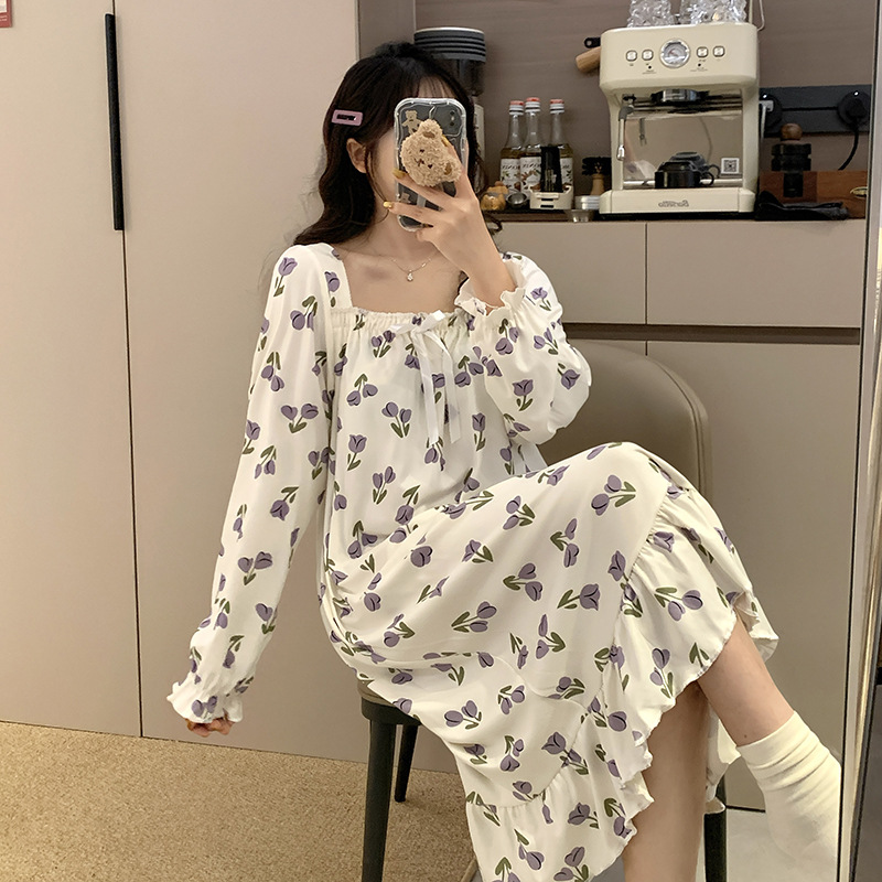 2025 primavera y otoño pijama con cojín de pecho desmontable pijama de mangas largas de lana fresca ropa de hogar larga de niñas estudiantes