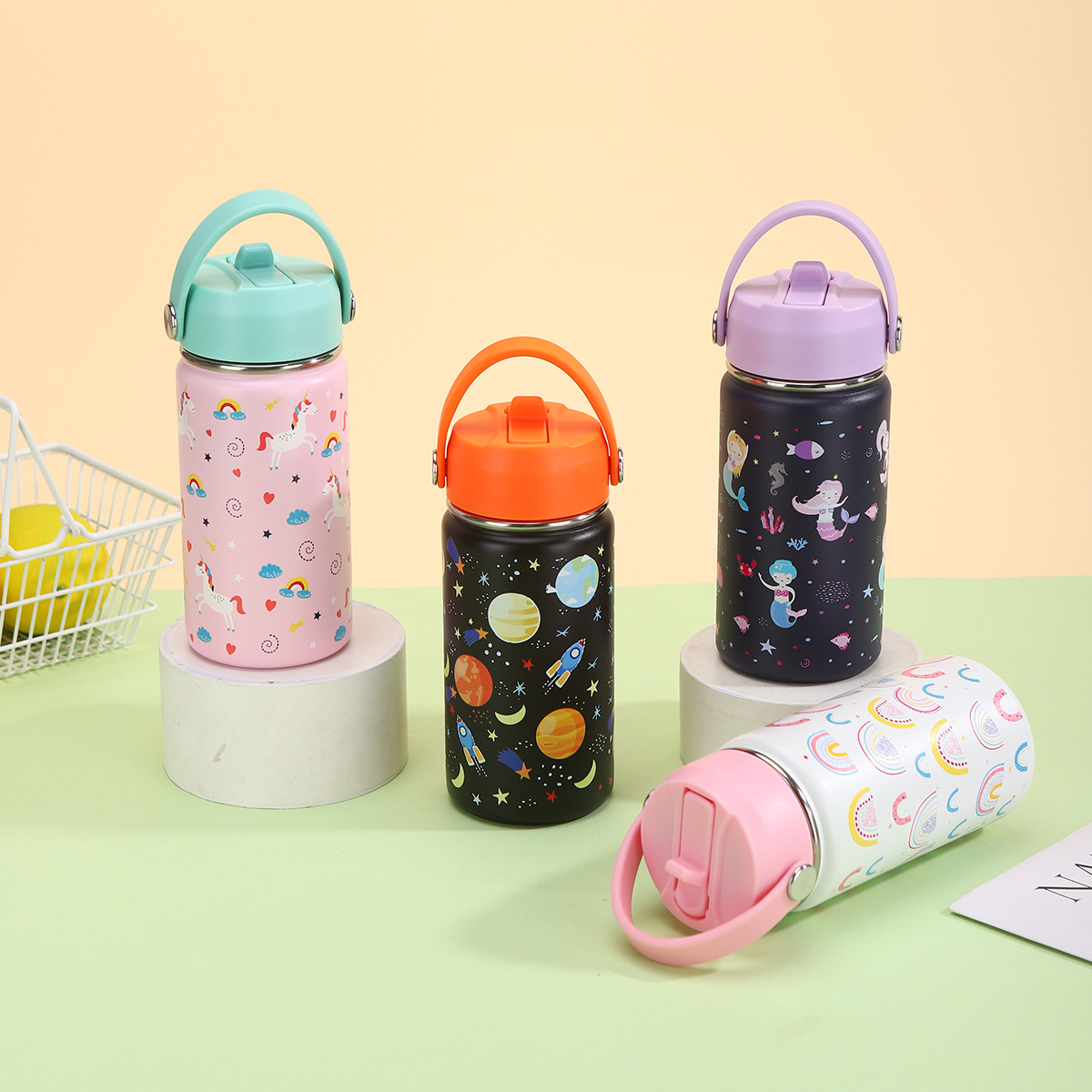 新款卡通12oz太空壶可爱学生儿童上学吸管保温杯户外手提运动水壶