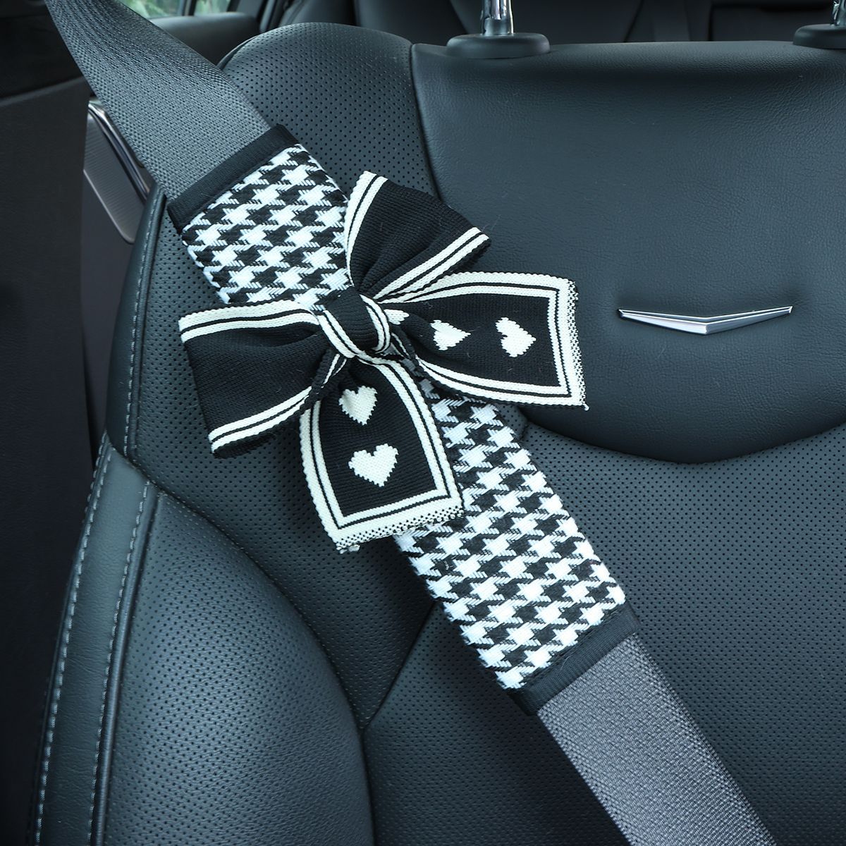 Houndstooth Black and White Bow Safety Belt Shoulder Pads