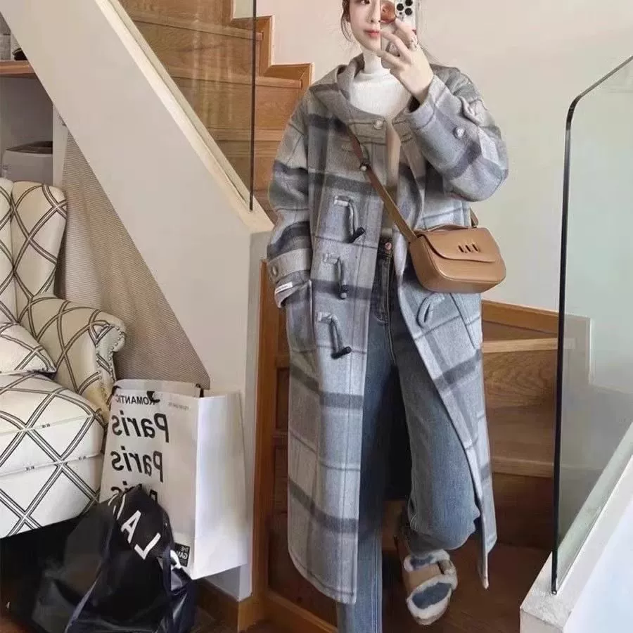 Высококлассное клетчатое двустороннее кашемировое пальто, женское осенне-зимнее новое шерстяное пальто с угловой пряжкой в японском студенческом стиле